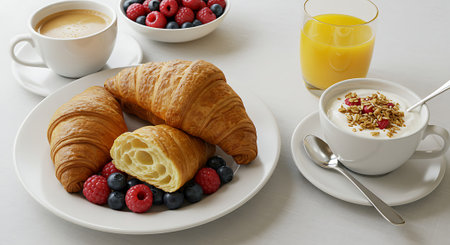 Breakfast with coffee, croissants and fresh berries on white tableの素材