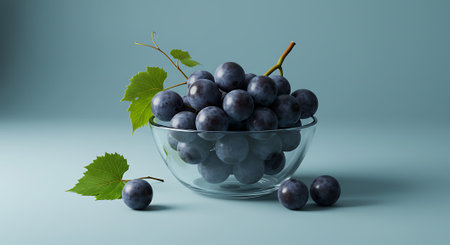 Ripe black grapes in a glass bowl on a blue background.の素材