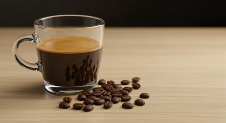 Coffee cup and coffee beans on wooden table with copy spaceの素材