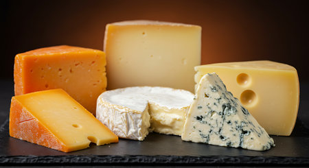 various types of cheese on a black background, close-upの素材
