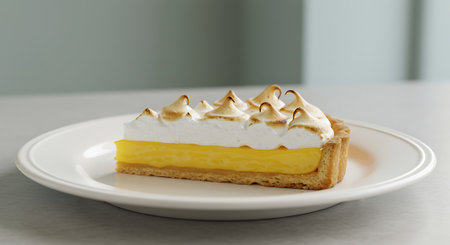Piece of lemon cake with whipped cream on a white plate.の素材