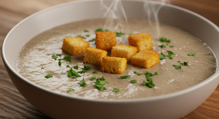 Mushroom cream soup with croutons and parsley.の素材