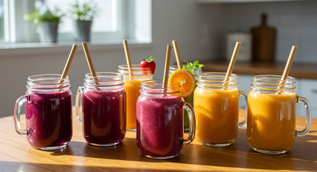 Healthy smoothies in mason jars on a wooden table.の素材