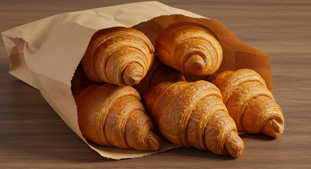Freshly baked croissants in a paper bag on wooden backgroundの素材