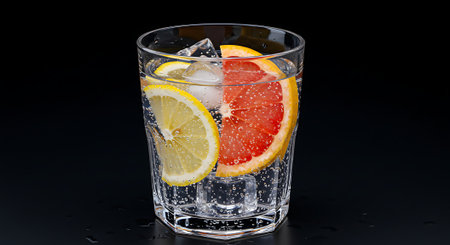 Grapefruit and lemon in a glass with ice on a black backgroundの素材