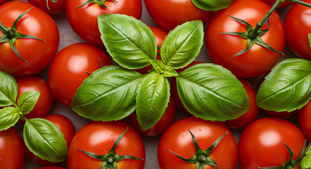 Fresh tomatoes with basil leaves on grey background. Top view. Flat layの素材