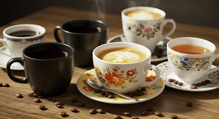 Coffee cups and saucers on a wooden table.の素材