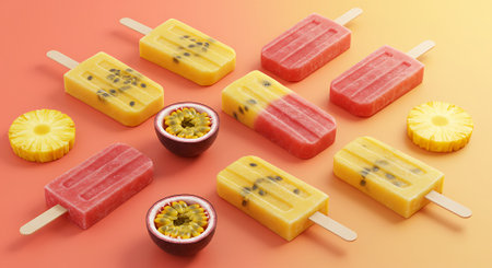 Pineapple, passion fruit and kiwi popsicles on orange backgroundの素材