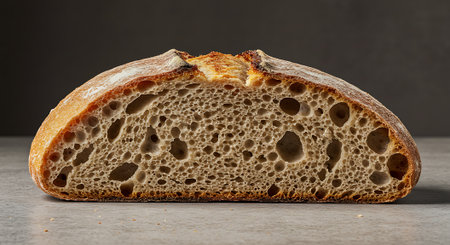 Ciabatta bread cut in half on a gray background.の素材