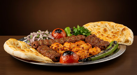 Turkish and Arabic Traditional Ramadan Kebab with Flatbread and Vegetablesの素材