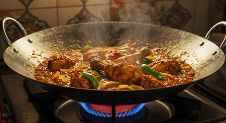 Frying pan with delicious chicken tikka masala on stoveの素材