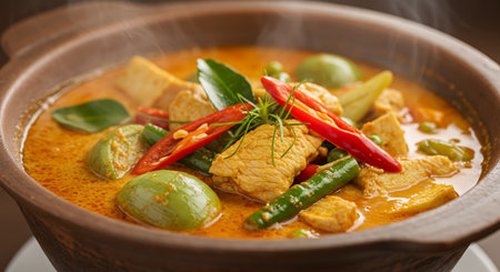 Thai red curry with chicken and green chilli in clay potの素材