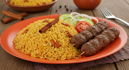 Plate of delicious pilaf with meat and vegetables on table close-upの素材