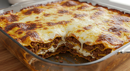Closeup of lasagna in a baking dish on a wooden tableの素材