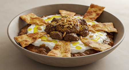 Meatballs with greek yogurt and nachos, closeupの素材