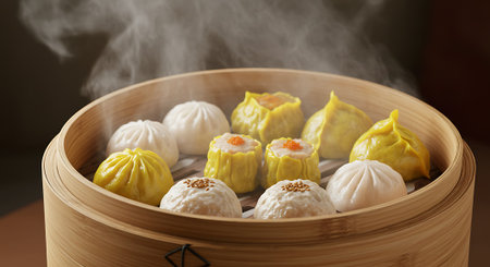 steamed dumpling in bamboo steamer with steam on brown backgroundの素材