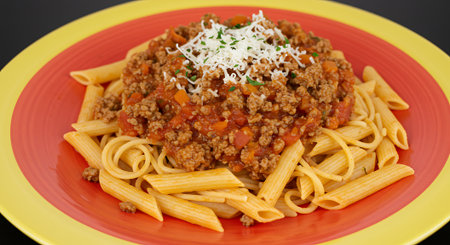 Pasta with bolognese sauce on a colorful plate.の素材