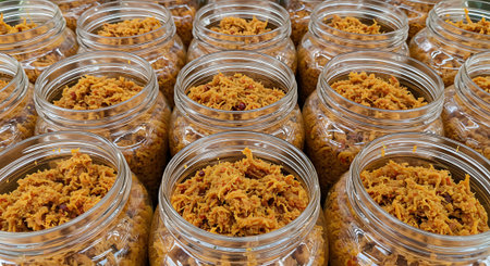 Dried fruits in glass jars for sale at a farmers market.の素材