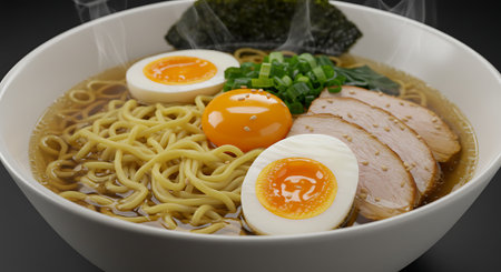 Japanese ramen noodle soup with sliced pork, egg and seaweedの素材