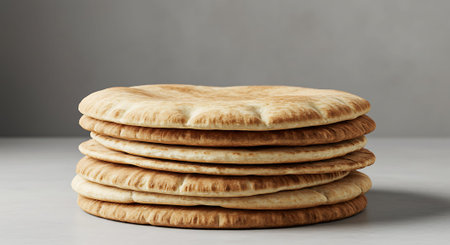 Stack of flatbreads on white table, closeup. Traditional arabic foodの素材