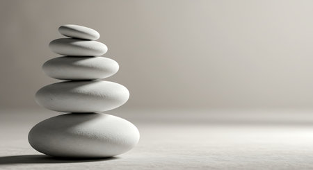 White zen stones on grey background. Zen concept. 3D Renderingの素材