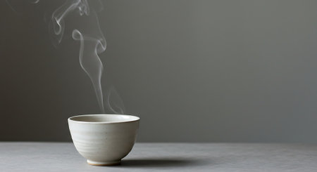 Coffee cup with smoke on grey background. Copy space.の素材