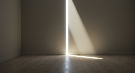 Empty room with sunlight shining through the window, 3d render illustrationの素材