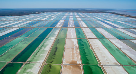 Aerial view of greenhouses with rows of solar panels in winterの素材