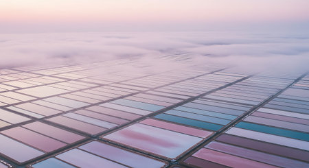 Solar panels in the morning fog, aerial view of solar power plantの素材