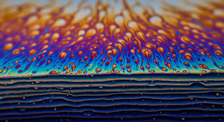 Abstract background of oil drops on a water surface in blue and orange tonesの素材