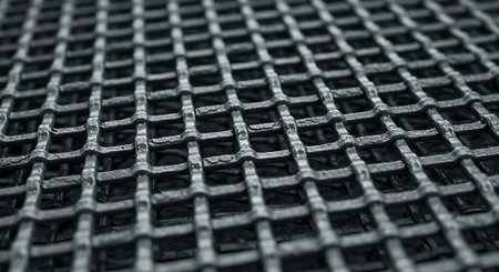 Closeup of a black metal grid. Abstract background and texture for design.の素材