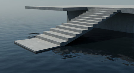 Conceptual 3D business success stair over a water surface backgroundの素材