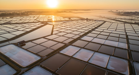 Solar panels in a field with fog at sunrise. Aerial view.の素材