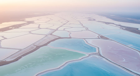 Aerial view of salt lake at sunset. Salt evaporation ponds.の素材