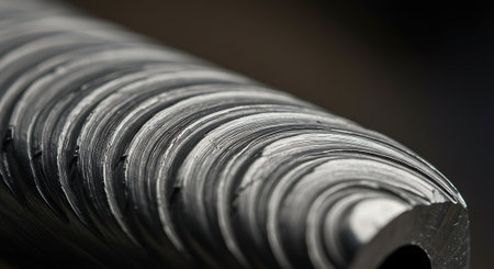 A closeup shot of a roll of galvanized steel with a blurred backgroundの素材