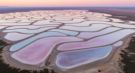 Salt lake at sunset. Salt evaporation ponds in Salar de Uyuni, Boliviaの素材