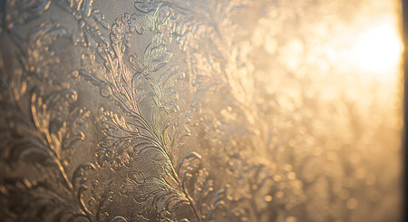Frosty natural pattern on the window glass in the sunlight.の素材