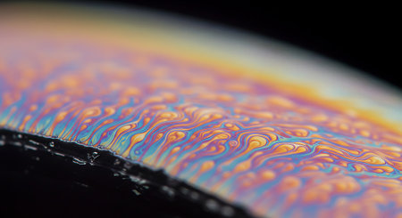 Macro shot of a soap bubble with rainbow colors in it.の素材