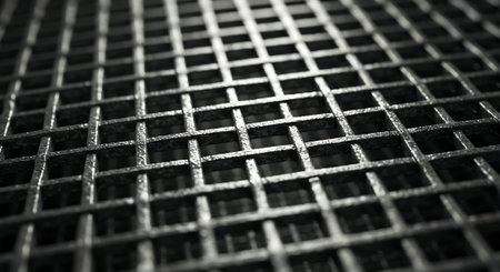Close up of a metal grid. Shallow depth of field.の素材