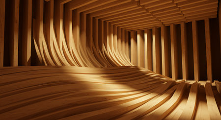 3d rendering of abstract geometric composition, empty room with wooden floorの素材