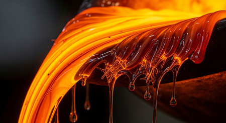 Flaming molten metal on black background, close-up.の素材