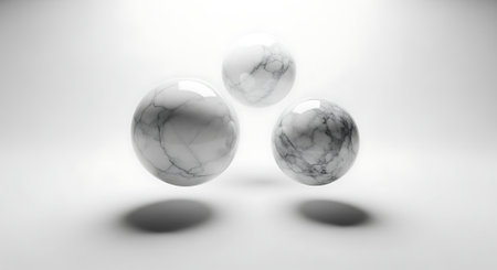3D rendering of a set of marble balls in a gray backgroundの素材