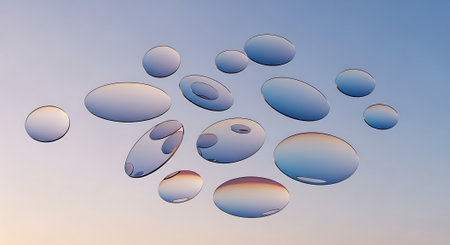 Water drops on glass with blue sky background. 3D illustration.の素材
