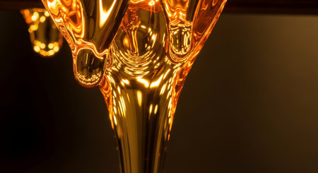 Close-up of golden paint dripping on black background. 3d renderingの素材