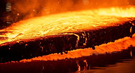 hot molten metal in smelting furnace, closeup of photoの素材