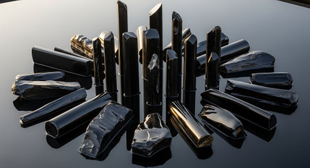 Luxury black and gold lipsticks on a black background.の素材