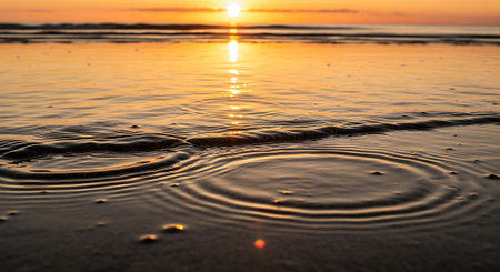 Sunset on the beach of the Baltic Sea with waves and ripplesの素材
