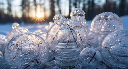 Snowman made of ice and snow in winter forest at sunset.の素材