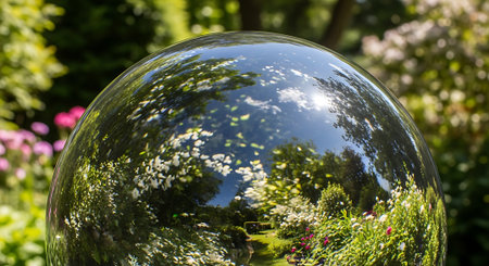Crystal ball with flowers in the garden on a sunny summer day.の素材