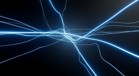 3D render of a wireframe background with blue neon light linesの素材